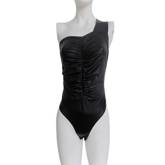 Pretty Little Thing faux leather black bodysuit one shoulder thong size 8 - Picture 1 of 6